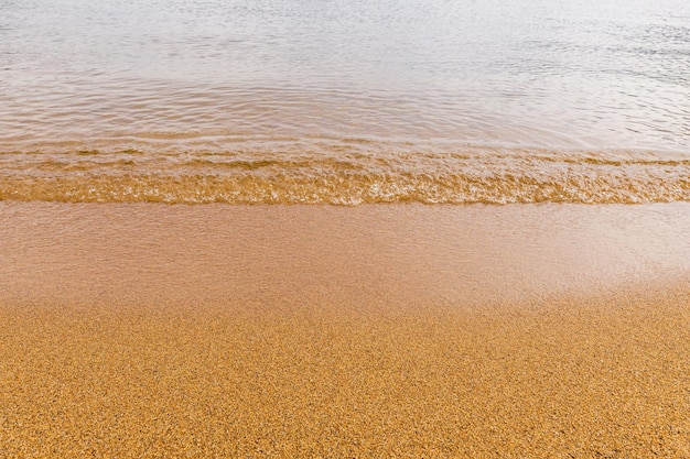 Primo piano di uno sfondo di spiaggia estiva di sabbia gialla e bordo d'acqua con spazio di copia