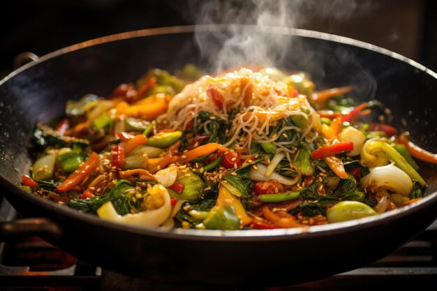 Primo piano di verdure sfrigolanti in un wok caldo