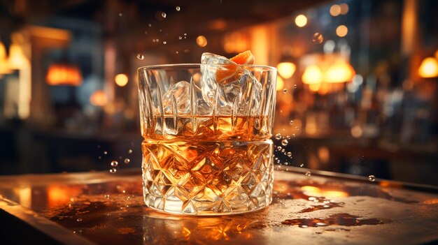 Primo piano di whisky di lusso che si versa in un elegante bicchiere da vino al bar