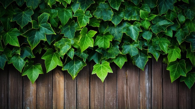 Primo piano edera verde sulla struttura del modello di recinzione in legno