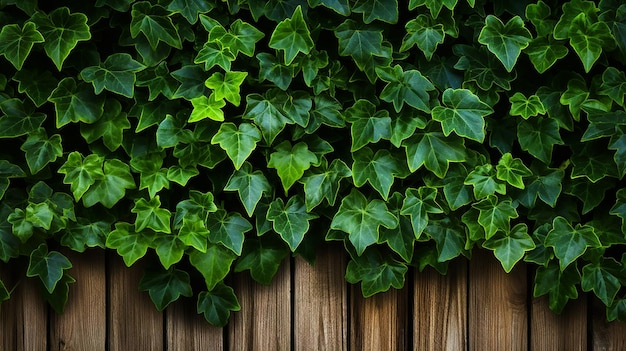 Primo piano edera verde sulla struttura del modello di recinzione in legno