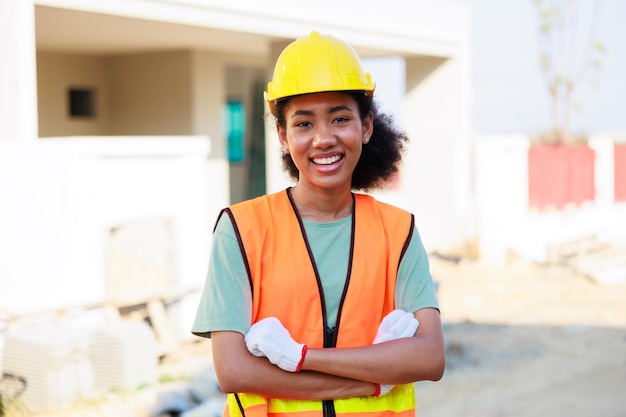 Primo piano faccia donna nera ritratto femminile afroamericano ingegnere lavoratore che indossa un casco giallo elmetto che lavora sul cantiere