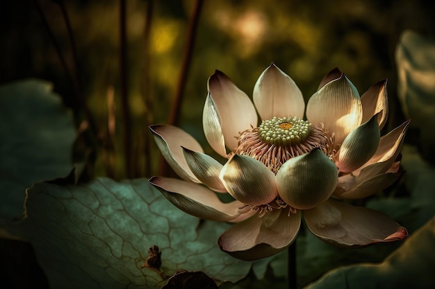 Primo piano Fiore di loto con foglia verde su sfondo verde sfocato in, arte digitale