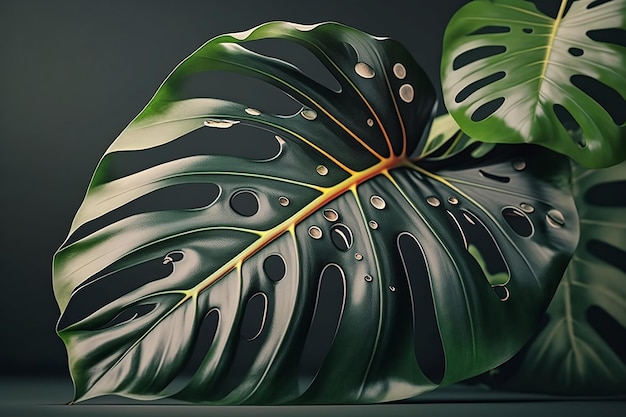 Primo piano foglia di Monstera tropicale verde realistico su sfondo pulito IA generativa