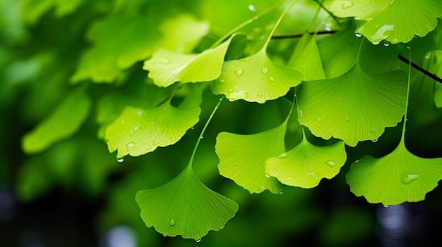 Primo piano foglie verdi brillantemente bagnate di Ginkgo Generate Ai