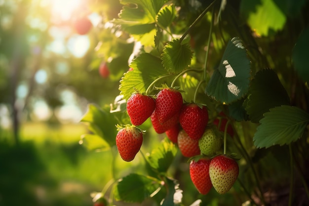 primo piano fragola fresca sull'albero al giorno pieno di sole