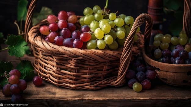 Primo piano Frutti d'uva sul cesto di bambù con sfondo sfocato