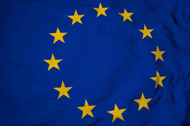 Primo piano full frame su una bandiera dell'Unione europea sventolante nel rendering 3D