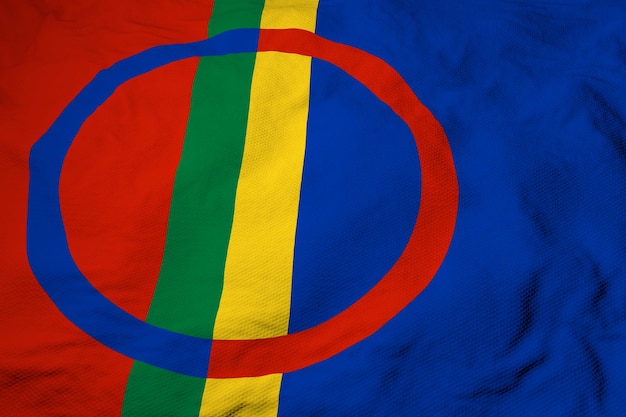 Primo piano full frame su una bandiera Sami sventolante nel rendering 3D