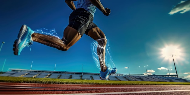 Primo piano Gamba del corridore dell'atleta che corre in pista Correre per una vita sana IA generativa