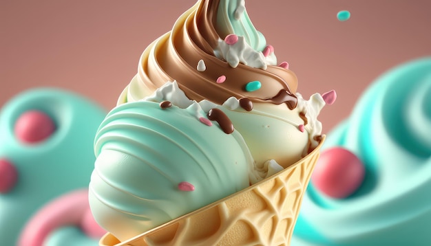 Primo piano gelato soft liscio colorato AI generativa