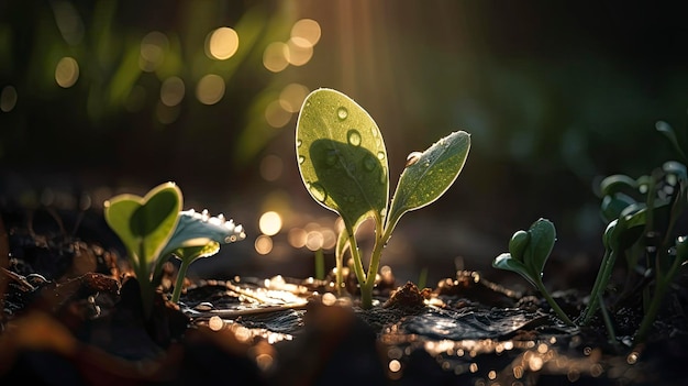 Primo piano Germinazione dei semi giovani e crescita delle piante con caduta di acqua piovana su ambiente verde e solare mattutino ai generativo