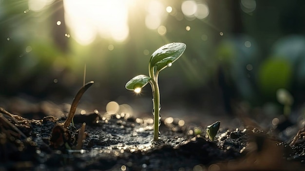 Primo piano Germinazione dei semi giovani e crescita delle piante con caduta di acqua piovana su ambiente verde e solare mattutino ai generativo