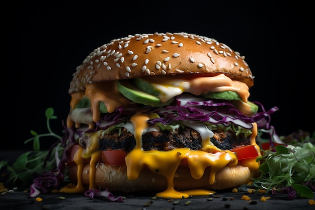 Primo piano Hamburger gustoso con salsa e lattuga di cipolle sottaceto di pomodoro di manzo