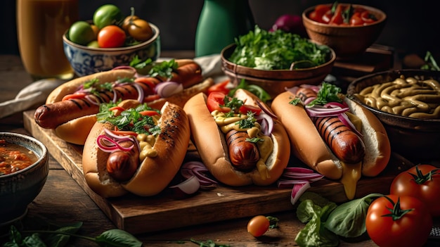 Primo piano hot dog con ingredienti completi e maionese su piatto di legno e sfondo sfocato