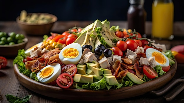 Primo piano Insalata di Cobb piena di pezzi di verdure uova sode e carne su sfondo sfocato