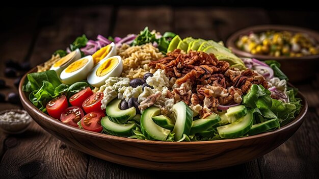 Primo piano Insalata di Cobb piena di pezzi di verdure uova sode e carne su sfondo sfocato