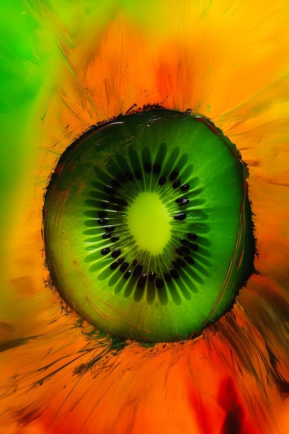 primo piano kiwi fetta verde centro splash colore giallo occhi esplosione fruttosio orb brillantemente