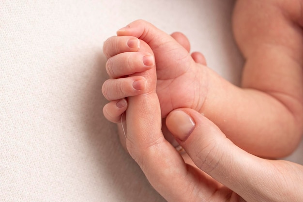 Primo piano la piccola mano del bambino e il palmo della madre e del padre Il neonato ha una presa salda sul dito del genitore dopo la nascita Un neonato si aggrappa al dito del papà di mamma