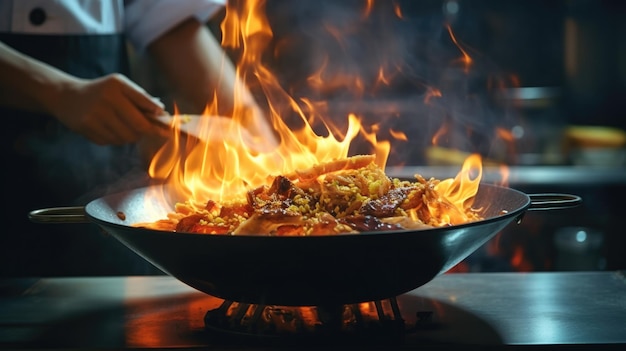 Primo piano Le mani dello chef professionista cucinano il cibo con il fuoco nella cucina del ristorante