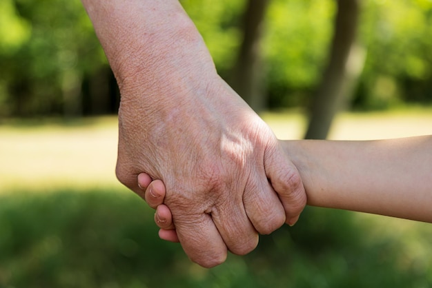 Primo piano le mani di una donna anziana tengono nelle sue mani i palmi di una bambina