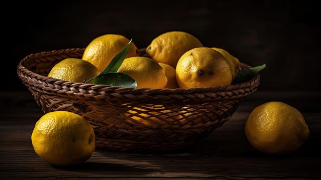 Primo piano limone fresco in un cesto di bambù con sfondo sfocato