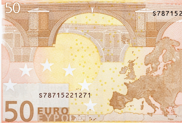 Primo piano macro dettaglio di una banconota da cinquanta euro. Foto ad alta risoluzione.