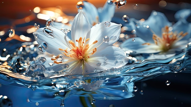 primo piano macro di un fiore d'argento a petalo blu con schizzi d'acqua su uno sfondo minimalista futuristico