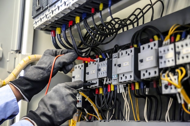 Primo piano mano di ingegneria elettrica utilizzando la misurazione per controllare l'elettricità.