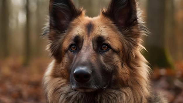 Primo piano marrone nero Vecchio pastore tedesco stare in piedi guardare e guardare il cane della telecamera guardia giocando sullo sfondo dei boschi della natura