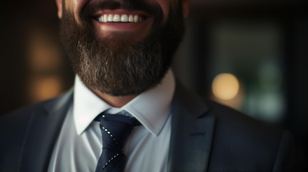 primo piano maschio maturo bocca bella barba e vestito sorridente da indossare