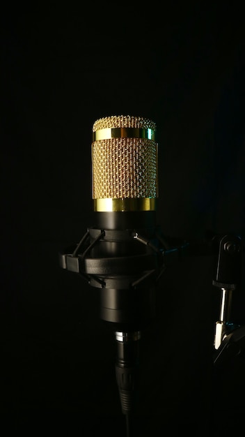 Primo piano microfono su sfondo nero, concetto sonoro