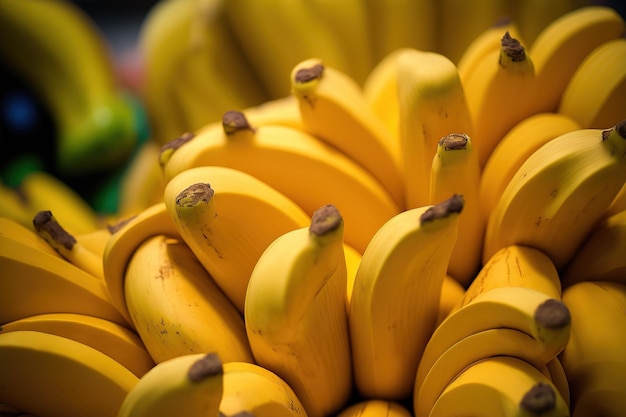 Primo piano mostra file di banane gialle mature in grappoli in un supermercato