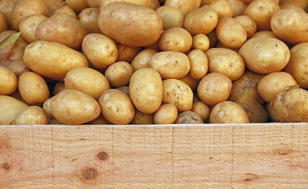 Primo piano mucchio di patate novelle in esposizione al dettaglio