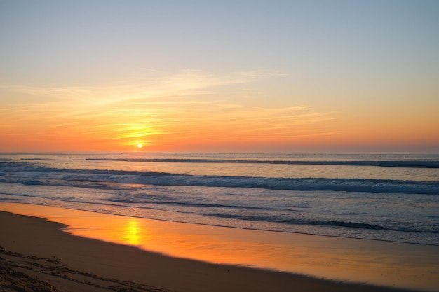 Primo piano paesaggio di spiaggia di sabbia di mare con cielo al tramonto IA generativa