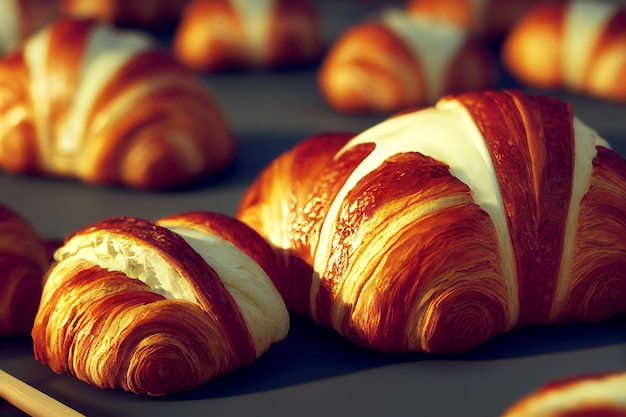 Primo piano panificio di deliziosi croissant arte generativa di AI