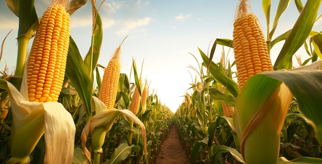 Primo piano pannocchie di mais nel campo della piantagione di mais IA generativa