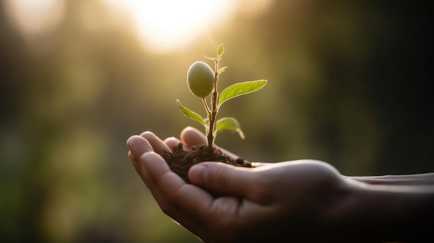 Primo piano Pianta in mani maschili Cura dell'ambiente Concetto di ecologia IA generativa