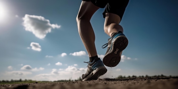 Primo piano Piedi del corridore dell'atleta che corrono sulla strada Correre per uno sfondo di vita sano IA generativa