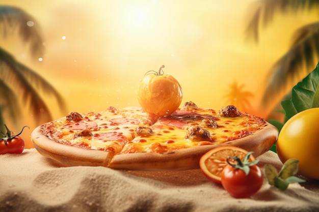 primo piano pizza levitare su uno sfondo a tema estivo