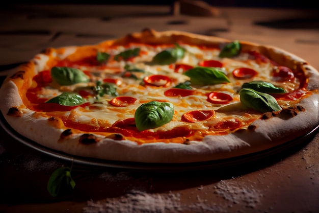 Primo piano pizza margherita con mozzarella e basilico fresco