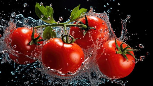 Primo piano pomodori rossi freschi spruzzati con acqua su sfondo nero e sfocato