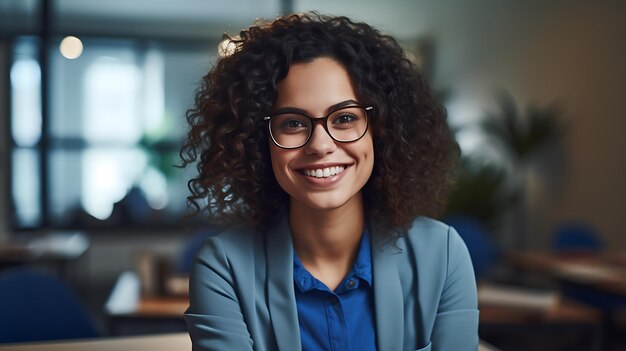 Primo piano ritratto di giovane bella donna sorridente mentre si lavora con il laptop in ufficio Creato con la tecnologia Generative AI