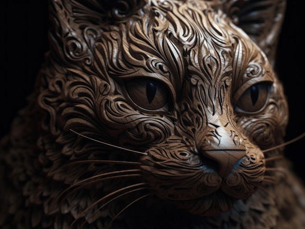 Primo piano ritratto di un gatto con sfondo di elementi di scultura in legno ornamento orientale