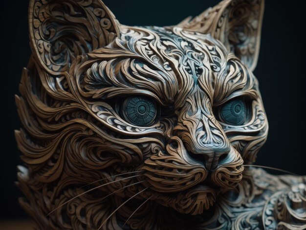 Primo piano ritratto di un gatto con sfondo di elementi di scultura in legno ornamento orientale