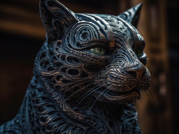 Primo piano ritratto di un gatto con sfondo di elementi di scultura in legno ornamento orientale