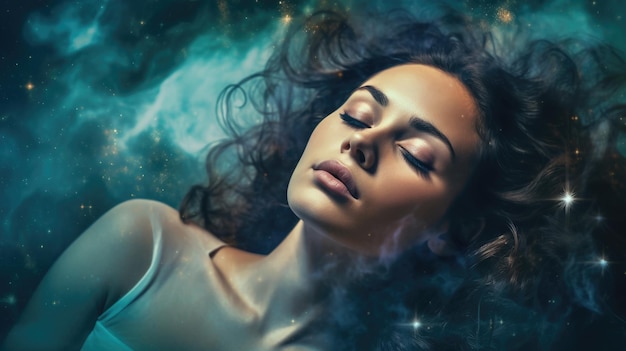 Primo piano ritratto donna che dorme nello spazio esterno galleggiante con la galassia della nebulosa stella Weber dell'immagine ai generativa