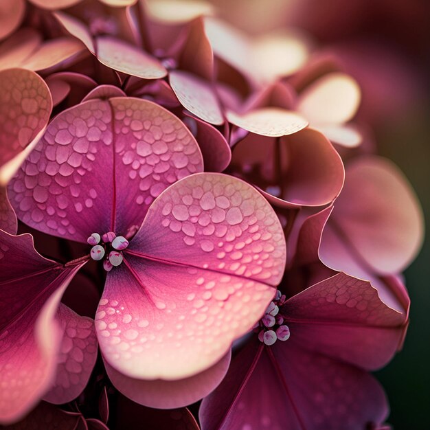 Primo piano rosa del fiore e delle foglie verdi dell'ortensia