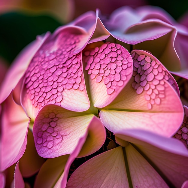 Primo piano rosa del fiore e delle foglie verdi dell'ortensia