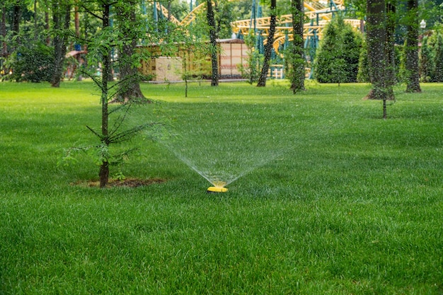 primo piano sistema di irrigazione e irrigazione in un parco divertimenti